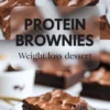Collage of sliced fudgy protein brownies with glossy tops and gooey centers, arranged on marble, with text overlay that reads “Protein Brownies.”