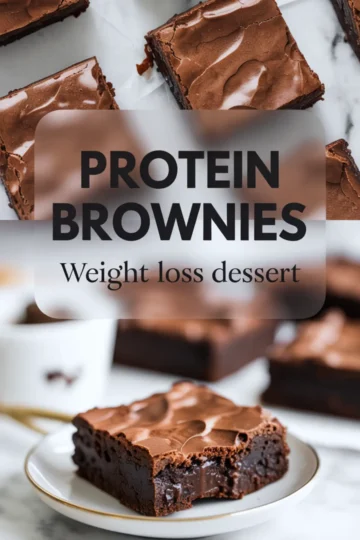 Collage of sliced fudgy protein brownies with glossy tops and gooey centers, arranged on marble, with text overlay that reads “Protein Brownies.”