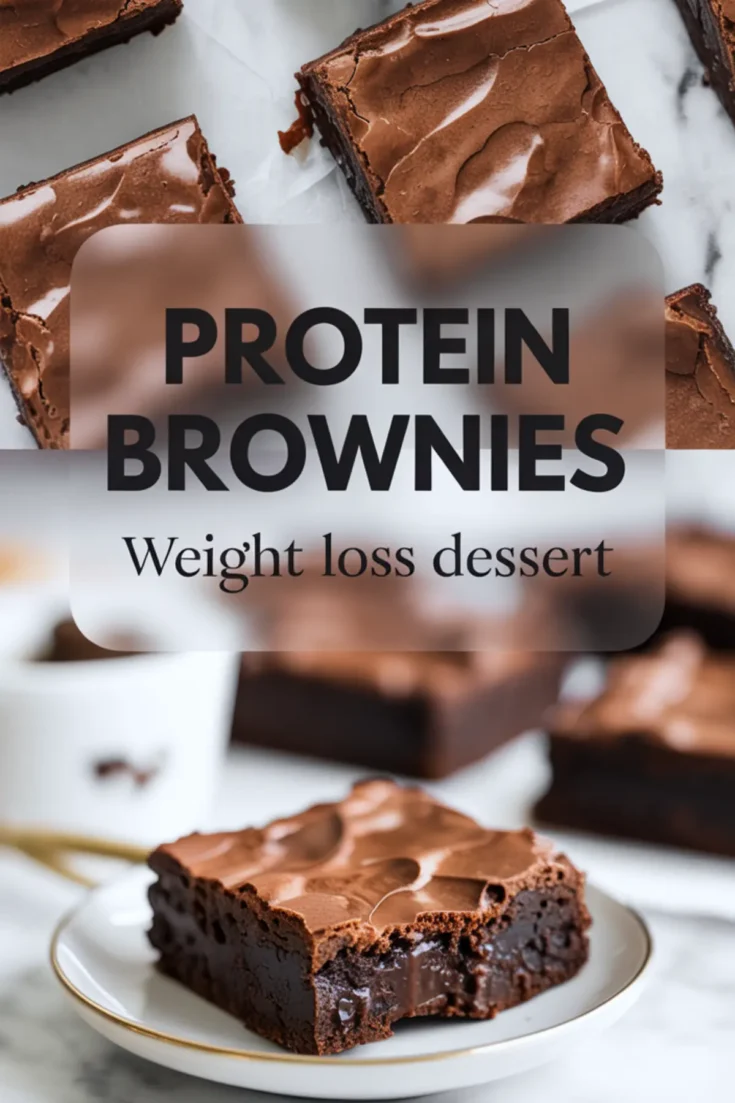 Collage of sliced fudgy protein brownies with glossy tops and gooey centers, arranged on marble, with text overlay that reads “Protein Brownies.”