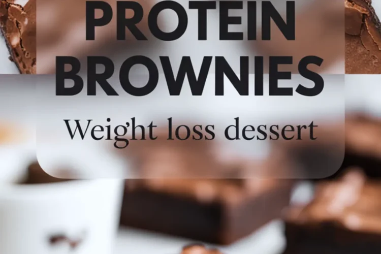 Collage of sliced fudgy protein brownies with glossy tops and gooey centers, arranged on marble, with text overlay that reads “Protein Brownies.”