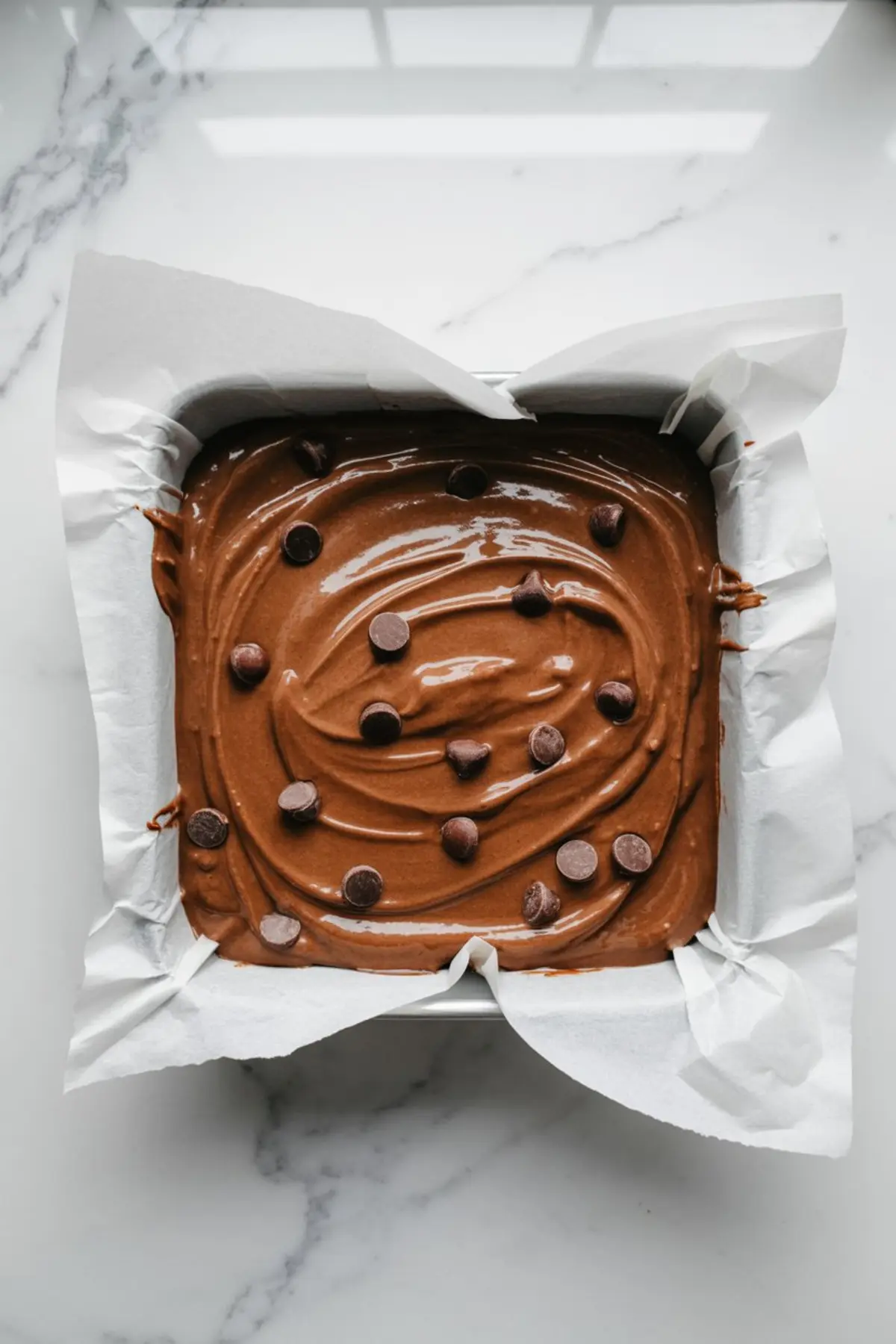 Square baking pan lined with parchment paper, filled with smooth chocolate brownie batter and topped with scattered chocolate chips on a marble surface.