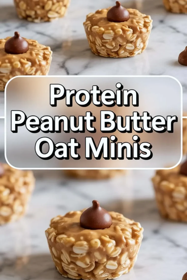 Close-up of protein peanut butter oat minis on a marble surface, with centered bold text reading “Protein Peanut Butter Oat Minis” for recipe promotion.