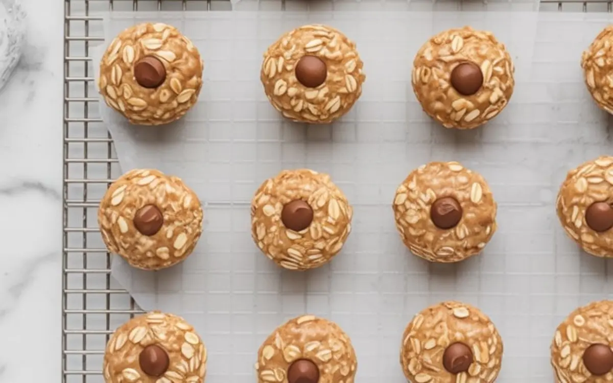 Round protein peanut butter oat mini bites topped with chocolate kisses, arranged in neat rows on a cooling rack over parchment paper.