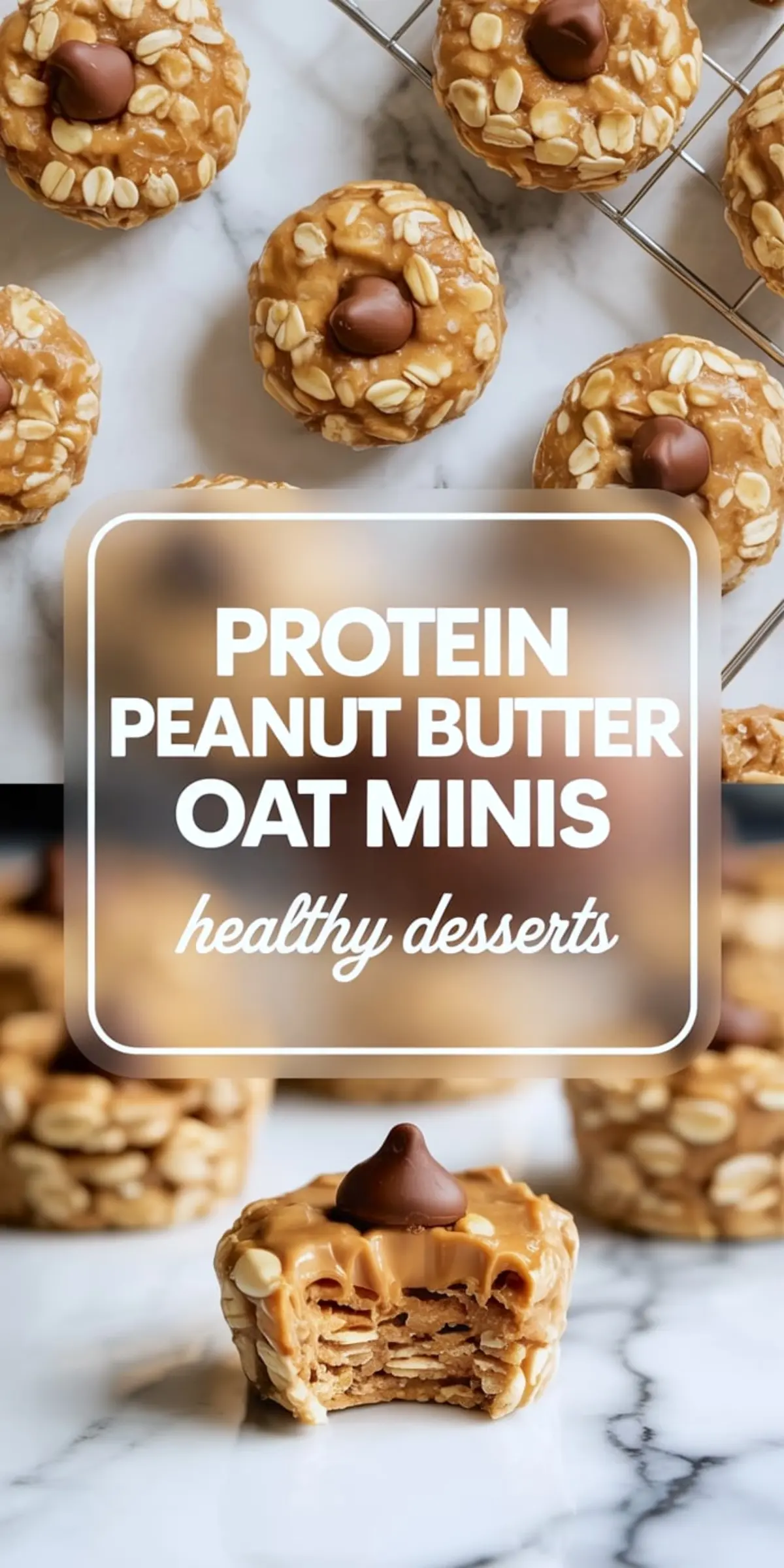 Vertical collage featuring peanut butter oat mini bites topped with chocolate drops, with text overlay “Protein Peanut Butter Oat Minis — healthy desserts” and a close-up of a half-bitten mini revealing layered oat texture.