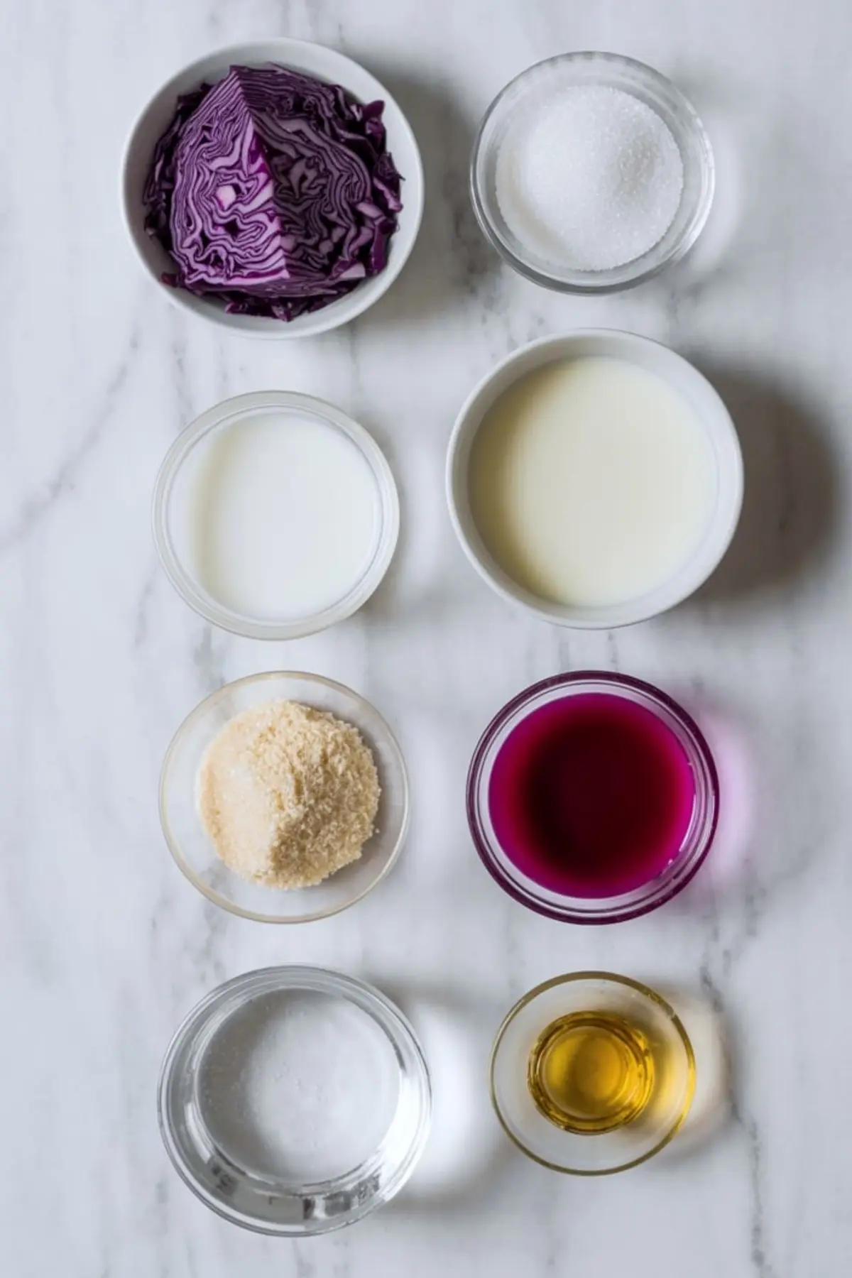 Flat lay of purple cabbage panna cotta ingredients on a marble surface, including chopped red cabbage, sugar, milk, cream, gelatin, purple cabbage juice, lemon juice, and apple cider vinegar.
