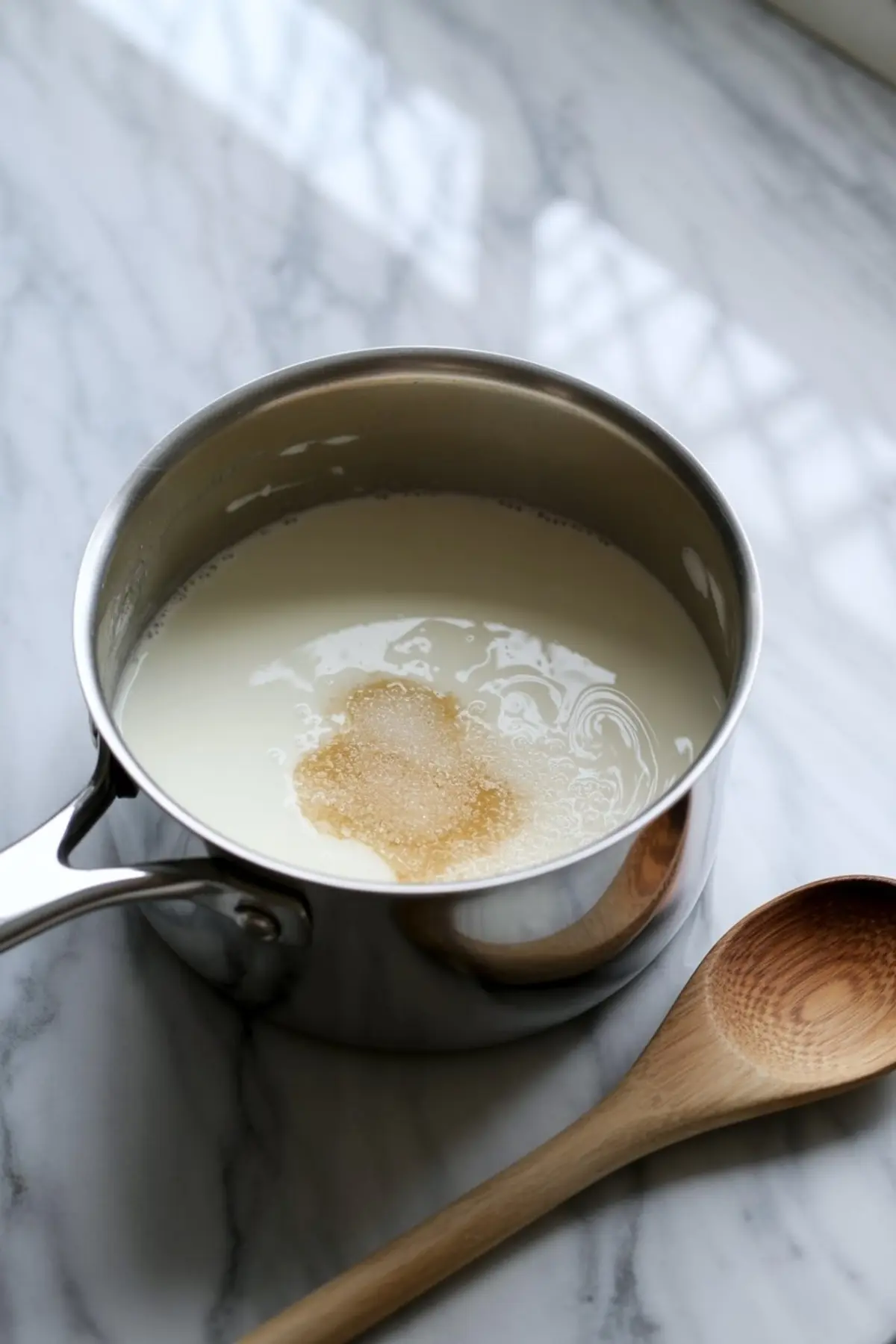 Gelatin powder blooming in warm milk inside a stainless steel saucepan, shown beside a wooden spoon on a marble counter during the panna cotta base preparation.
