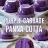 Glossy purple cabbage panna cotta desserts cooling on a tray with drips of juice; bottom half shows a sliced portion on a white plate, highlighting the creamy, velvety texture and deep color.