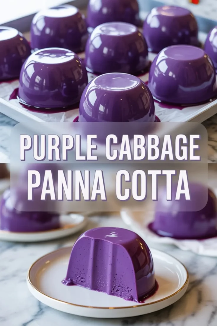 Glossy purple cabbage panna cotta desserts cooling on a tray with drips of juice; bottom half shows a sliced portion on a white plate, highlighting the creamy, velvety texture and deep color.