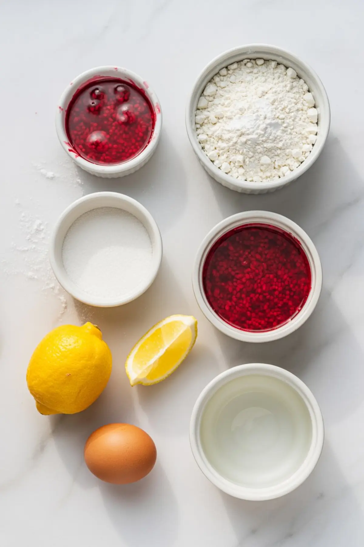 An overhead view of baking ingredients for raspberry Danishes, including fresh lemon, egg, sugar, flour, raspberry jam, and vinegar in small white ramekins on a white marble background.