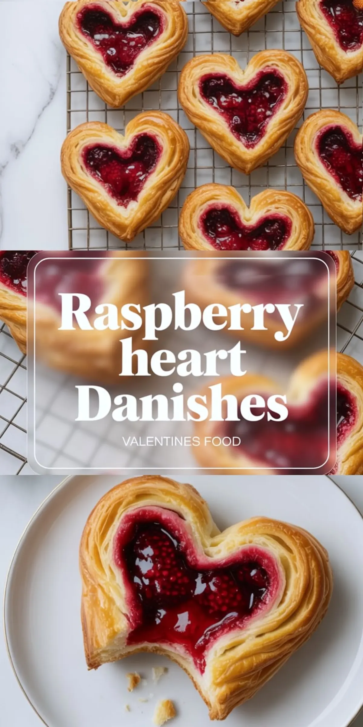 A collage features heart-shaped raspberry Danishes cooling on a wire rack in the top image, and a close-up of one bitten Danish on a white plate in the bottom image. The center text overlay reads “Raspberry Heart Danishes - Valentines Food.”