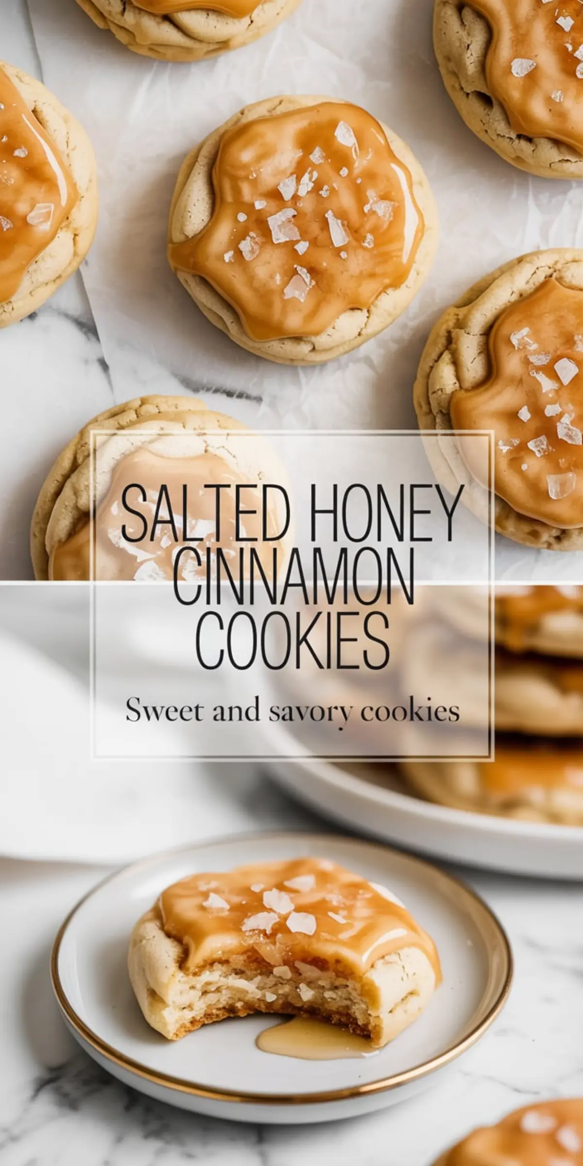 Salted honey cinnamon cookies appear in a vertical collage showing iced cookies with flaky sea salt on parchment above and a bitten cookie on a plate below, finished with honey glaze and recipe title text.