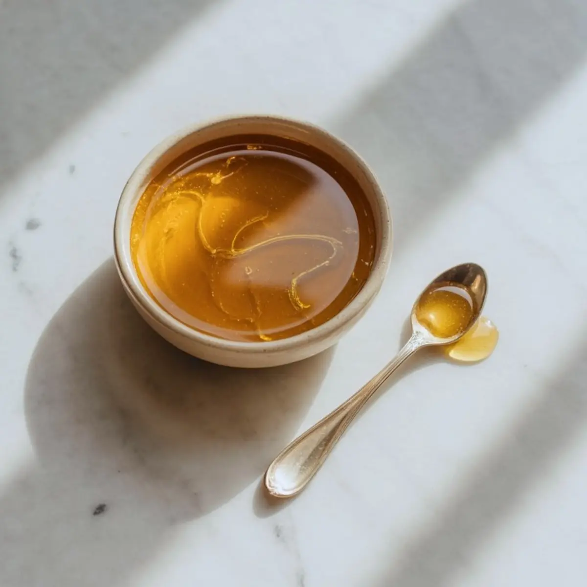 Golden honey sits in a small ceramic bowl on a white marble surface with soft natural light, showing thick glossy honey swirls beside a silver spoon with dripping honey.