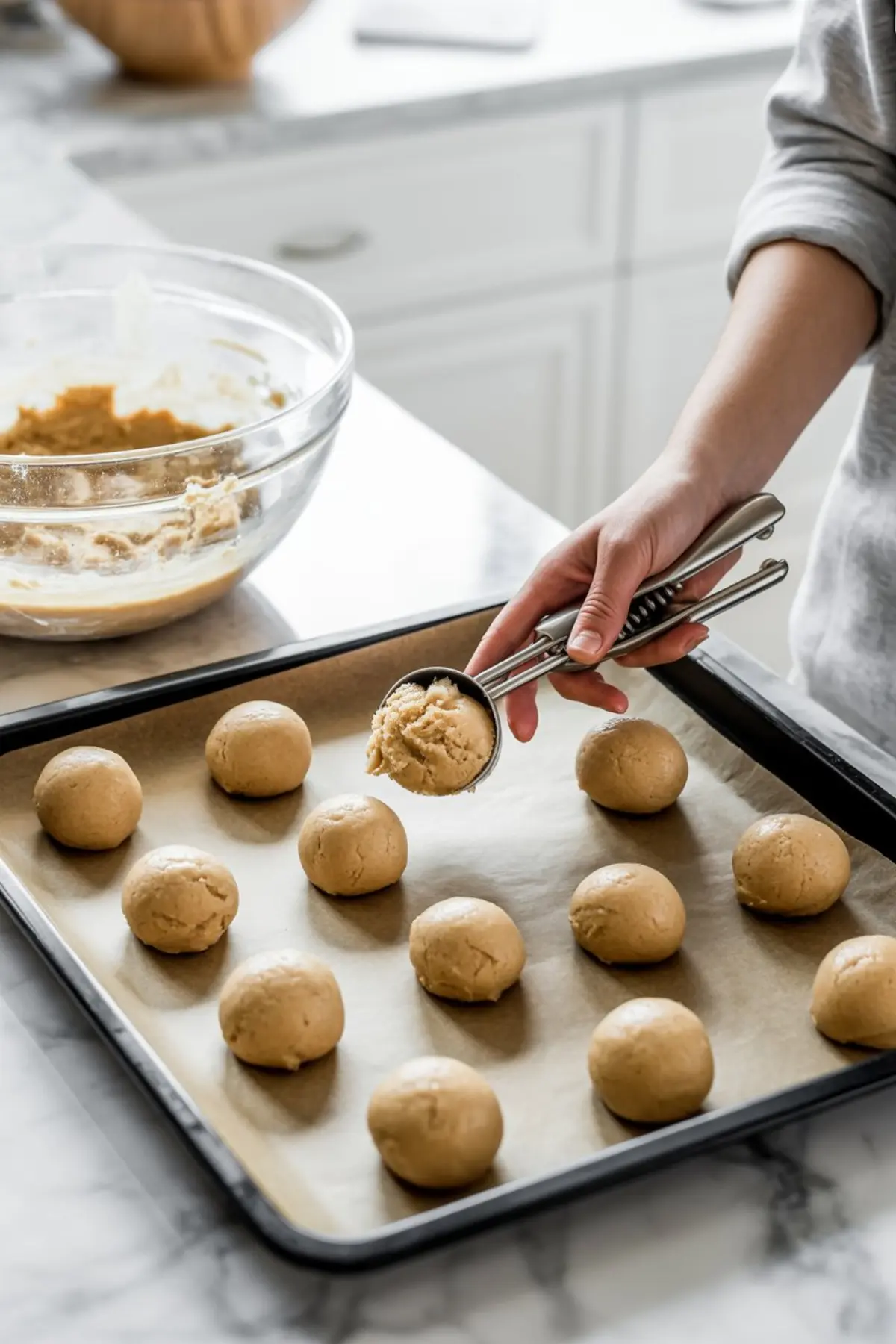 A hand uses a cookie scoop to portion soft cinnamon cookie dough onto a parchment-lined baking sheet, forming evenly spaced dough balls in a bright home kitchen.