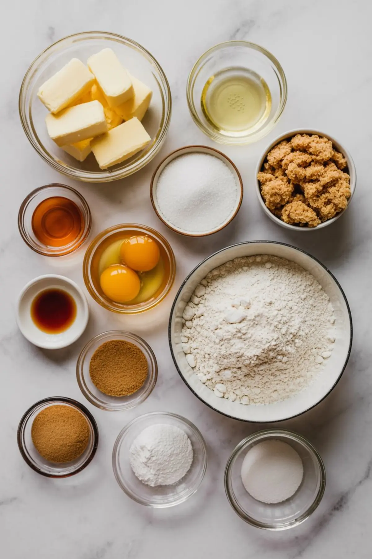 Baking ingredients are arranged flat lay style on marble, including flour, butter, eggs, honey, brown sugar, white sugar, vanilla, cinnamon, and leavening for cinnamon honey cookies.