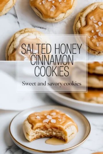 Salted honey cinnamon cookies rest on parchment paper with thick honey icing and flaky sea salt, shown close up to highlight cracked cookie edges and smooth glaze texture.