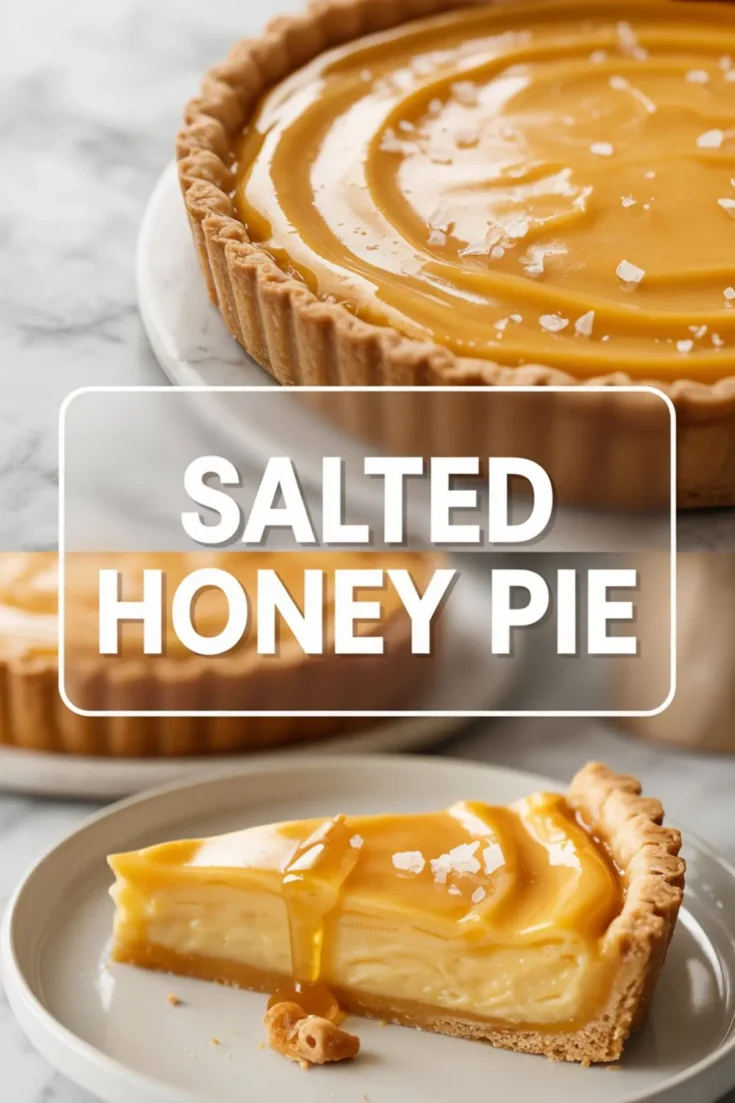 Golden salted honey pie with a smooth, glossy custard filling in a buttery tart crust, topped with flaky sea salt; bottom half shows a slice on a plate with honey drizzle and a crispy edge, styled on a marble background.