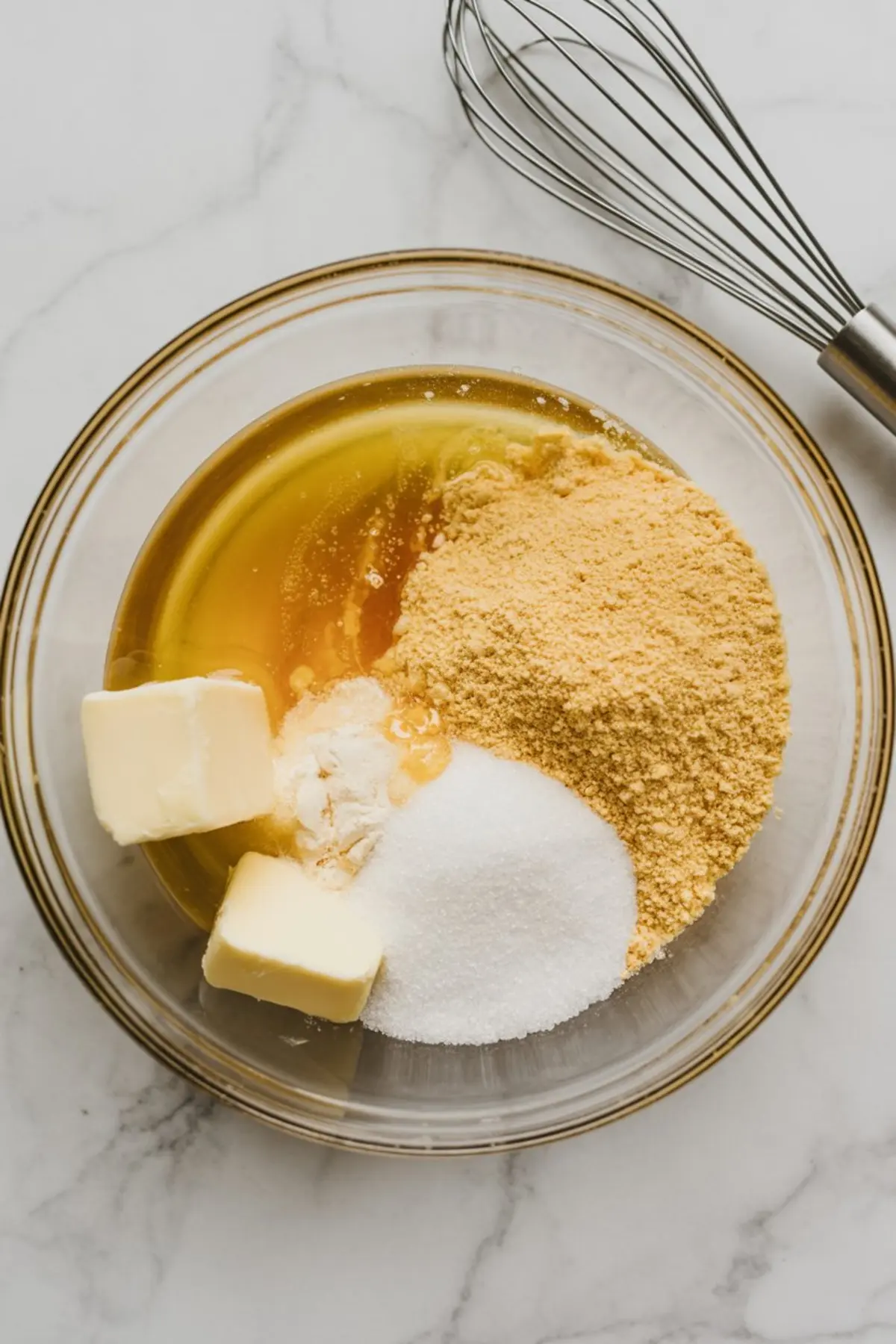Clear glass mixing bowl with pie filling ingredients including honey, granulated sugar, cornmeal, flour, and butter, ready to be whisked together for a creamy honey custard base.
