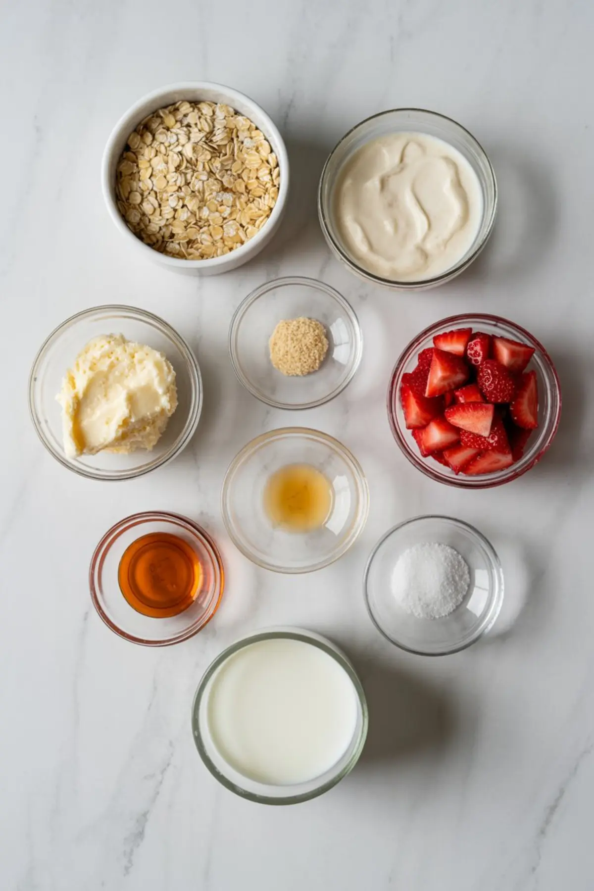 Flat lay of strawberry cheesecake overnight oats ingredients in individual bowls, including rolled oats, yogurt, diced strawberries, cream cheese, vanilla, milk, sugar, graham cracker crumbs, and maple syrup on a white surface.