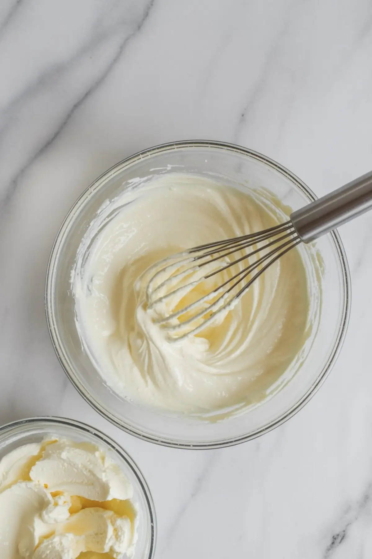 Overhead view of a mixing bowl with whisk and whipped cream cheese filling, showing the smooth and fluffy texture of the cheesecake layer for the overnight oats.