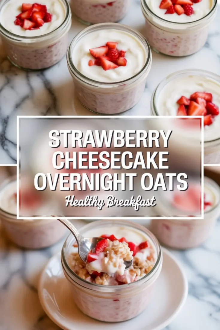 Collage of strawberry cheesecake overnight oats in small glass jars, topped with creamy yogurt and diced fresh strawberries on a marble surface, with a spoonful view showing the creamy oats texture. Includes text overlay reading “Strawberry Cheesecake Overnight Oats – Healthy Breakfast.”