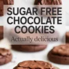 Sugar-free chocolate cookies on parchment with a bitten cookie on a plate in front, shown with bold text overlay promoting the recipe.