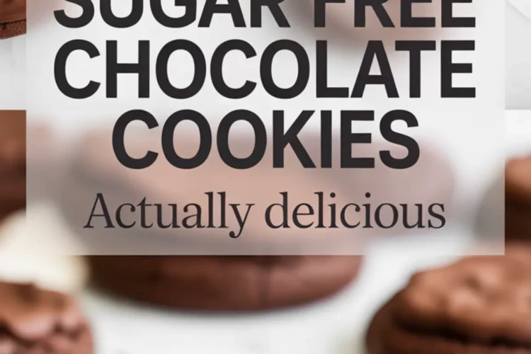 Sugar-free chocolate cookies on parchment with a bitten cookie on a plate in front, shown with bold text overlay promoting the recipe.