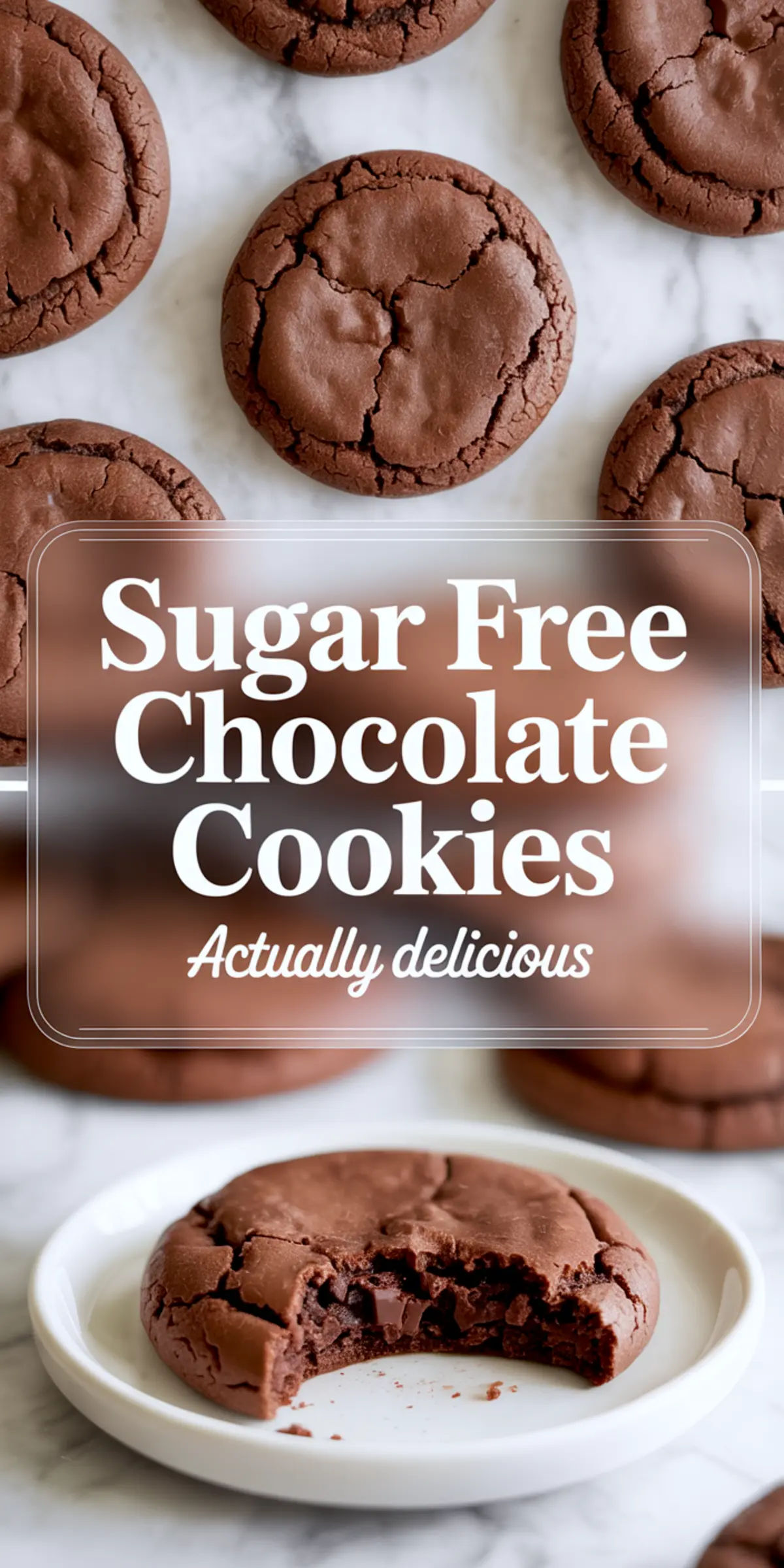 Vertical collage featuring a row of cracked chocolate cookies on marble at the top and a bitten chocolate cookie on a white plate at the bottom with a recipe title graphic.