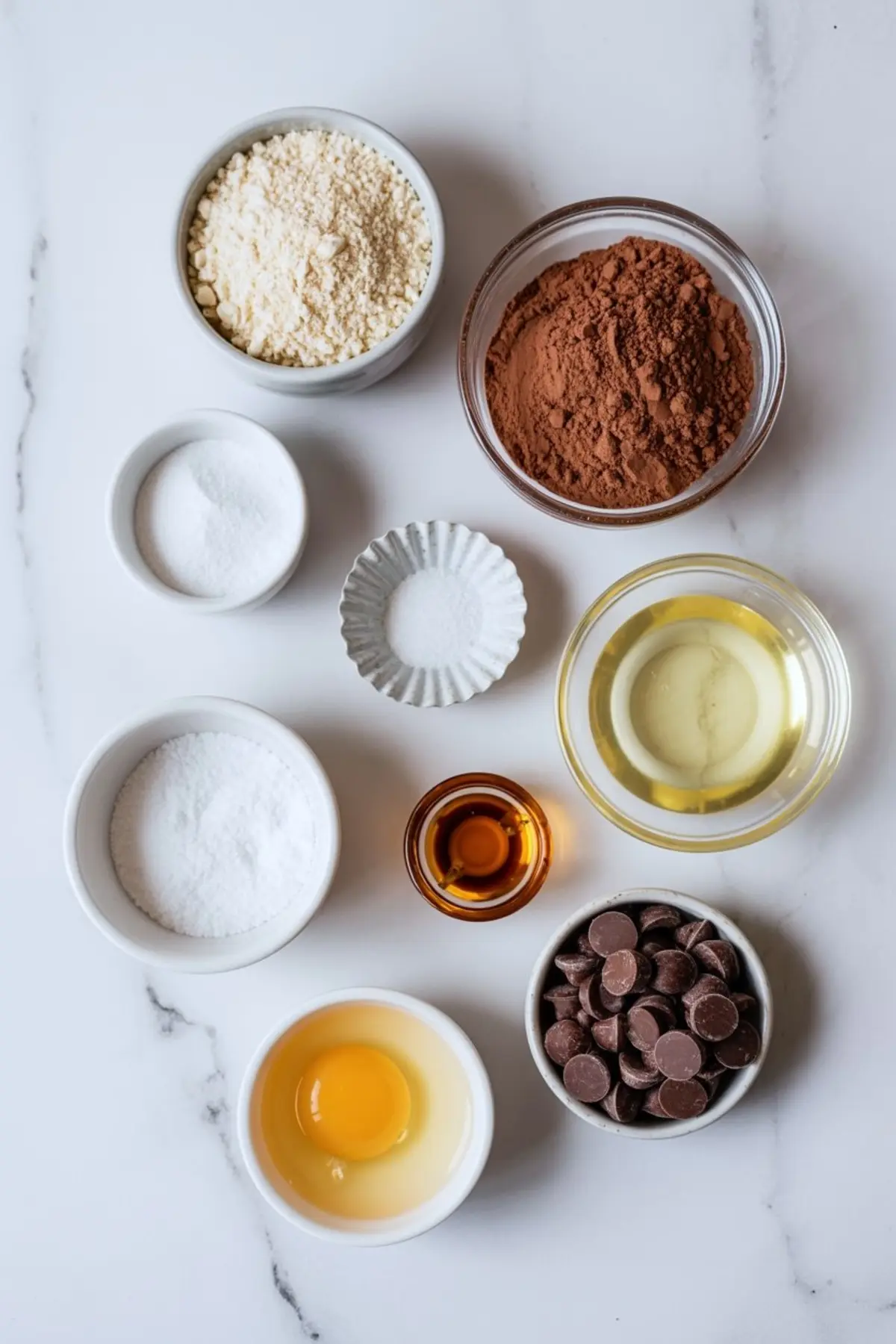 Flat lay of baking ingredients including almond flour, cocoa powder, granulated sweetener, baking soda, salt, vanilla extract, oil, an egg, and chocolate chips in small bowls.