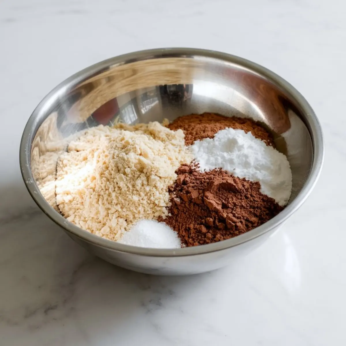 Stainless steel bowl with almond flour, cocoa powder, baking soda, and sweetener arranged in piles on a white marble surface.