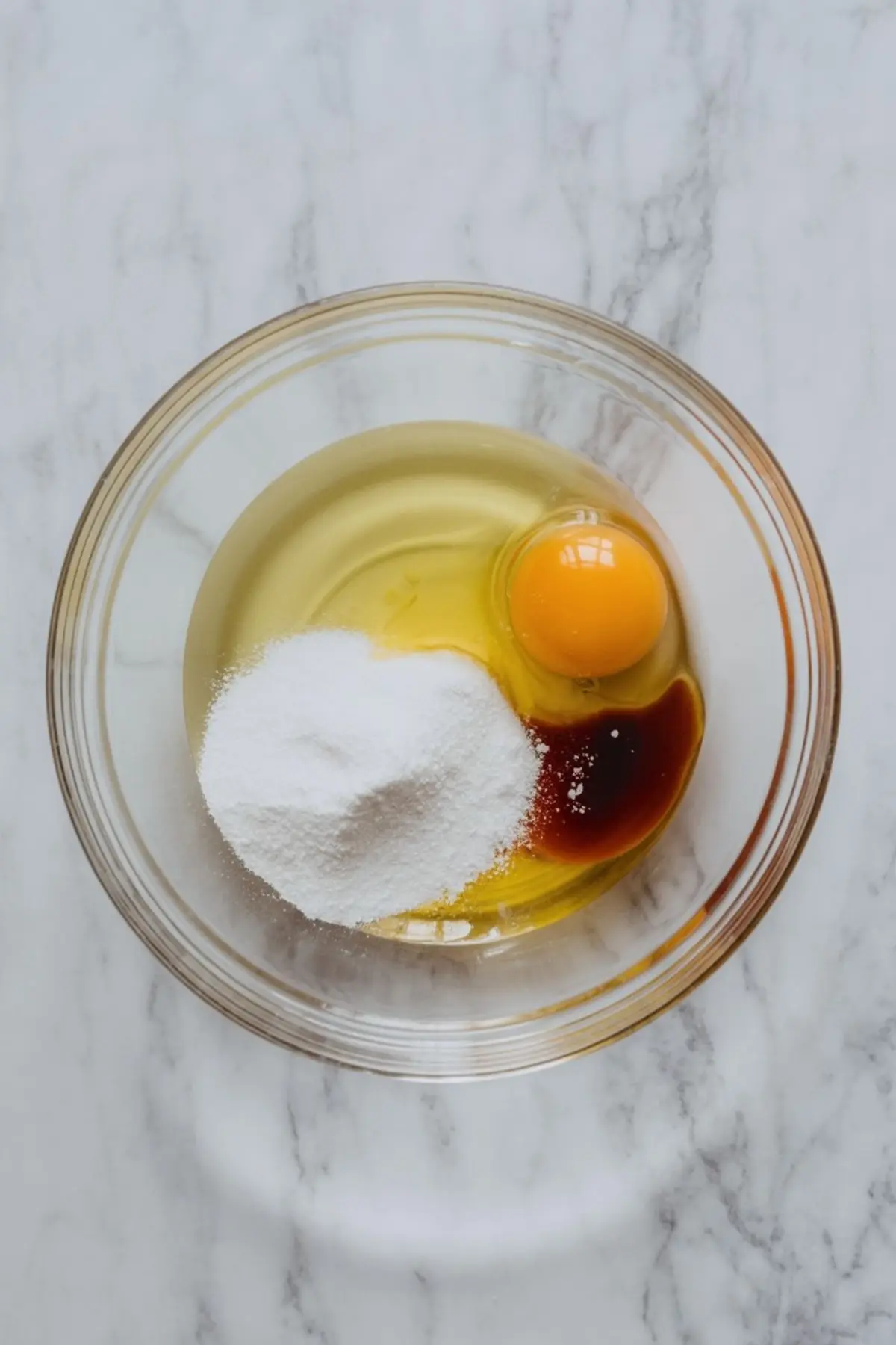 Glass bowl with an egg, granulated sweetener, vanilla extract, and oil sitting on a white marble countertop for cookie baking.