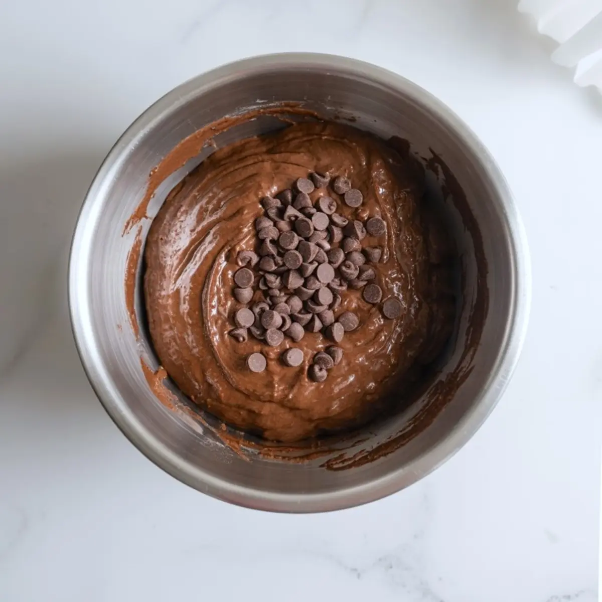 Chocolate cookie batter in a metal mixing bowl with a mound of chocolate chips added on top.