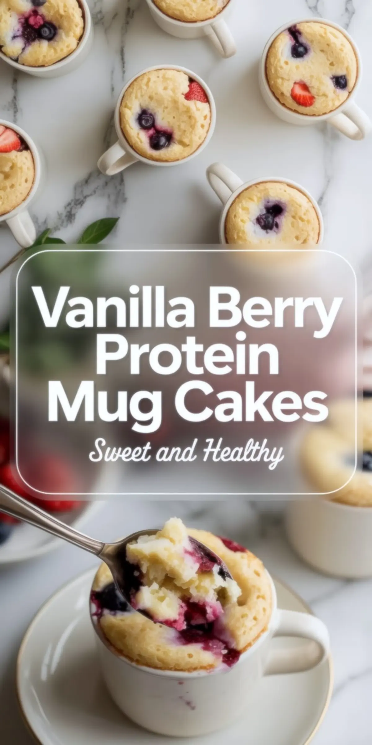 Collage featuring vanilla berry protein mug cakes in white mugs, with a top view showcasing golden sponge tops dotted with blueberries and strawberries, and a bottom close-up showing a spoonful of fluffy vanilla cake revealing juicy berry filling on a marble surface. Text overlay reads “Vanilla Berry Protein Mug Cakes – Sweet and Healthy”.