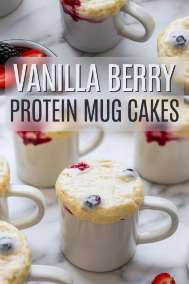 Collage displaying freshly baked vanilla berry protein mug cakes rising over white ceramic mugs, with golden tops bursting with blueberries, raspberries, and strawberries, surrounded by fresh berries on a marble background. Text overlay reads “Vanilla Berry Protein Mug Cakes”.