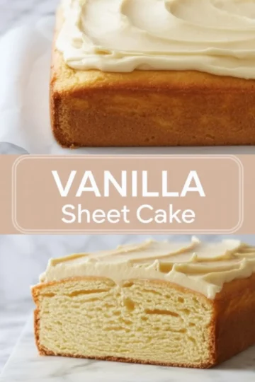 Two views of a vanilla sheet cake with creamy frosting: the top image shows the frosted cake from above, while the bottom image reveals the moist, fluffy cake interior in a clean slice. Beige banner in the center reads “Vanilla Sheet Cake.”
