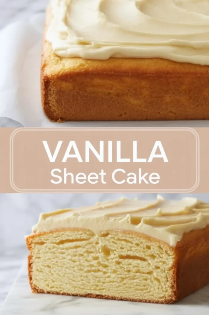 Two views of a vanilla sheet cake with creamy frosting: the top image shows the frosted cake from above, while the bottom image reveals the moist, fluffy cake interior in a clean slice. Beige banner in the center reads “Vanilla Sheet Cake.”