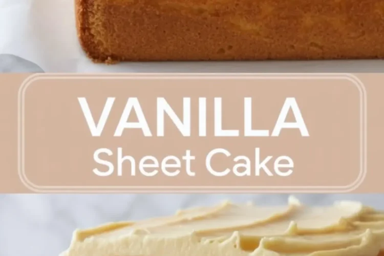 Two views of a vanilla sheet cake with creamy frosting: the top image shows the frosted cake from above, while the bottom image reveals the moist, fluffy cake interior in a clean slice. Beige banner in the center reads “Vanilla Sheet Cake.”