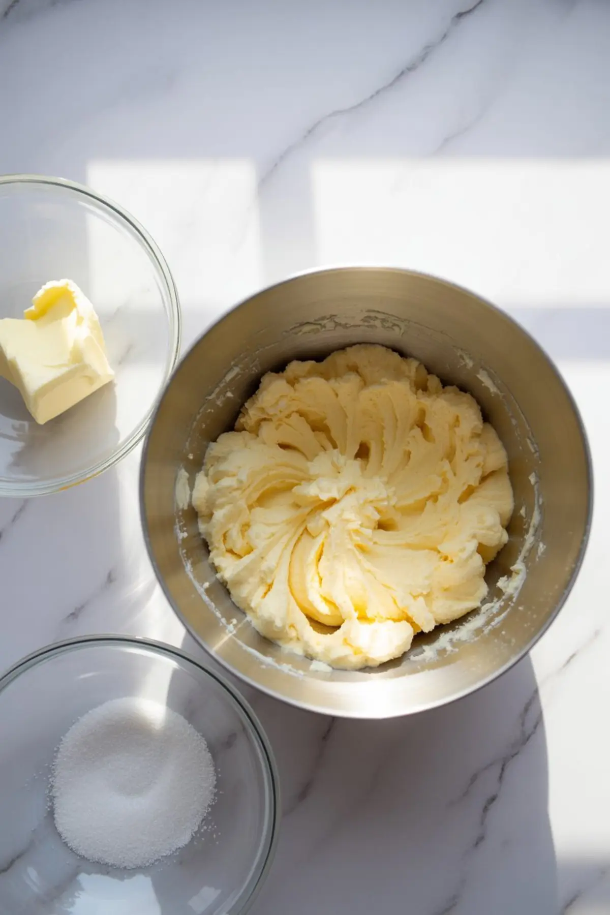 Softened butter and sugar being creamed in a mixing bowl under natural light, with separate glass bowls showing unincorporated butter and granulated sugar on a marble countertop.