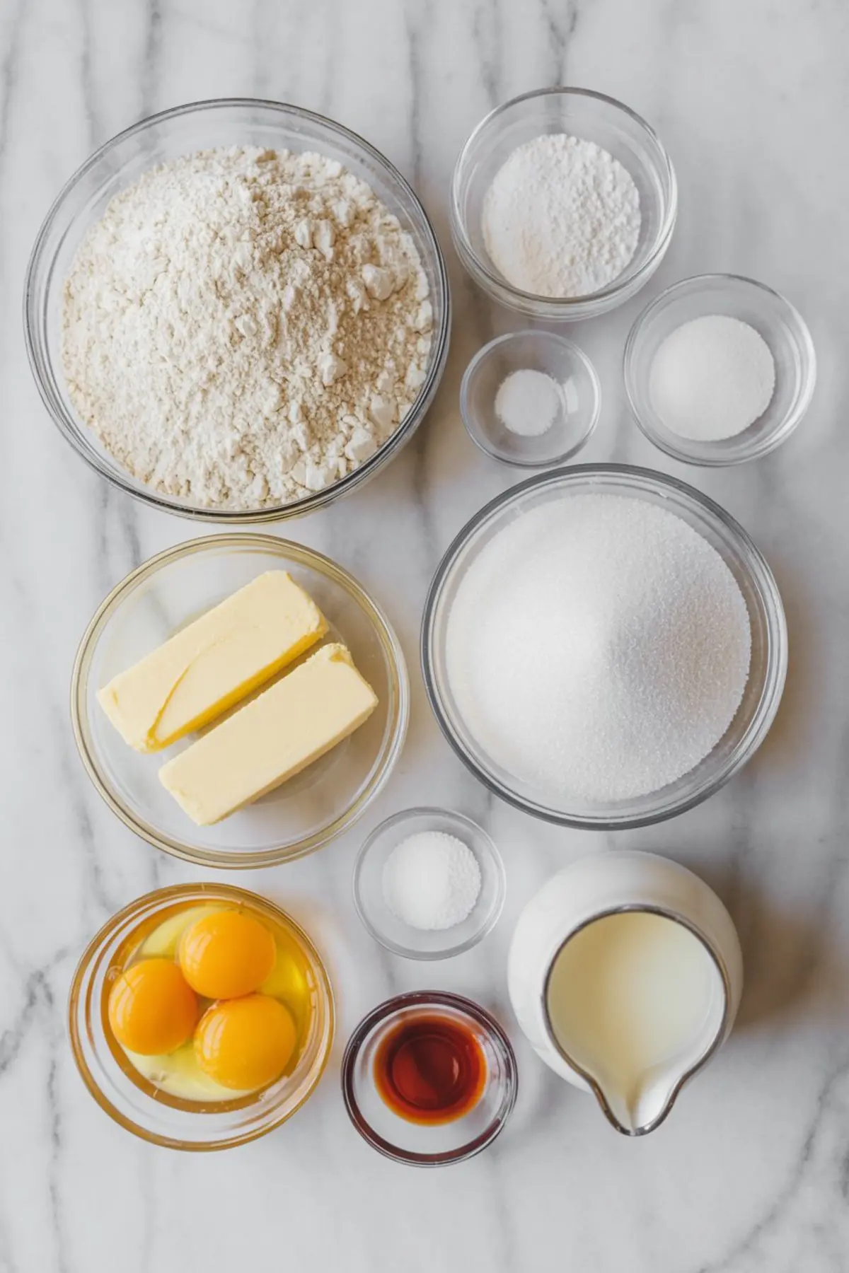 Overhead view of separated vanilla cake ingredients arranged in clear bowls on a marble surface, including flour, butter, granulated sugar, eggs, vanilla extract, milk, baking powder, and salt.