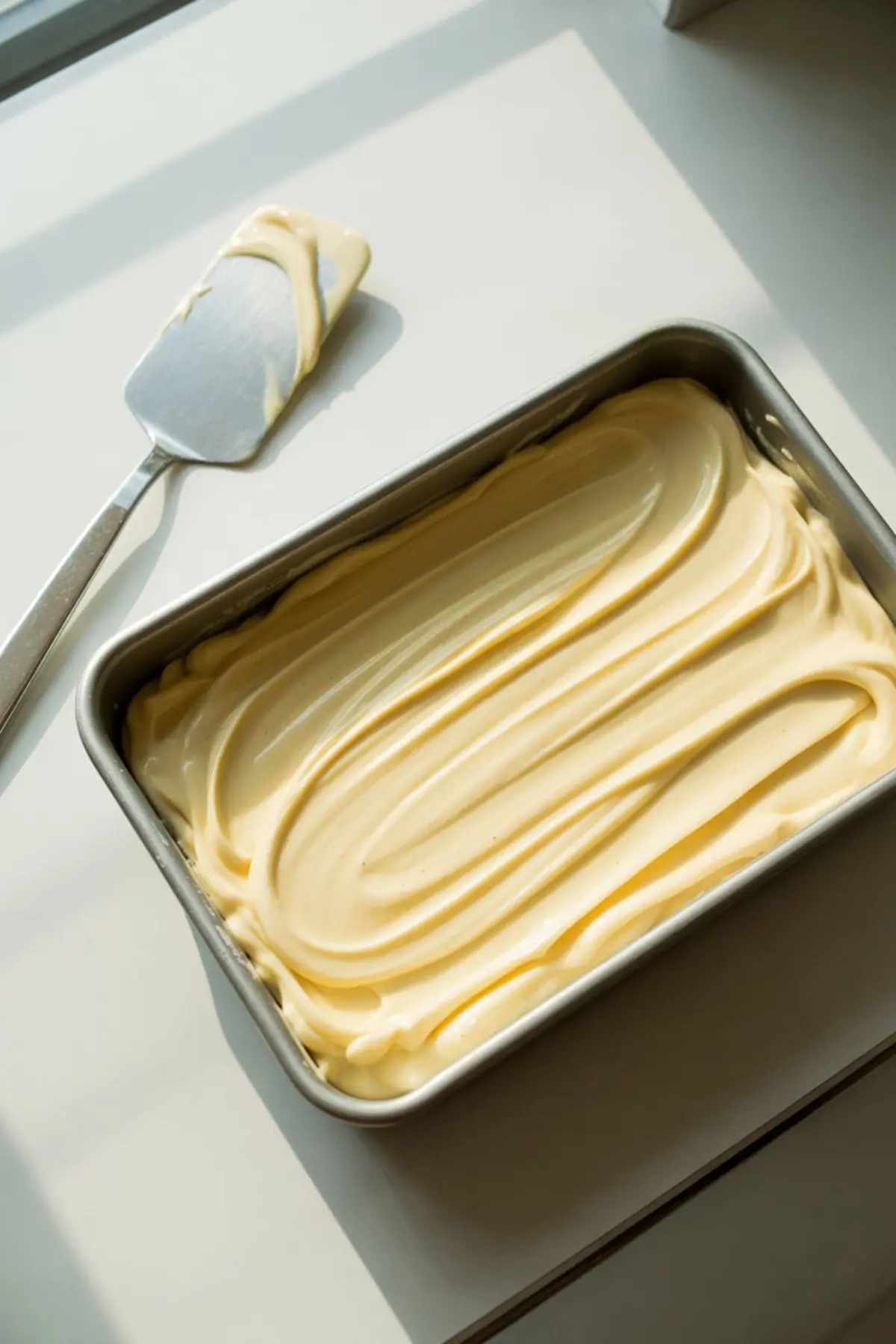 Vanilla cake batter spread evenly in a rectangular baking pan, ready for the oven, with a frosting-covered offset spatula resting nearby on a white countertop.