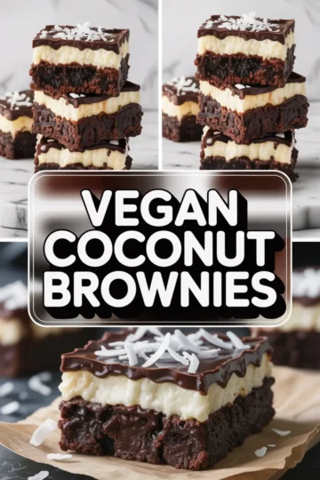 A Pinterest-style collage showcases stacked vegan coconut brownies with rich chocolate layers, creamy coconut center, and shredded coconut topping, with bold text “Vegan Coconut Brownies”.