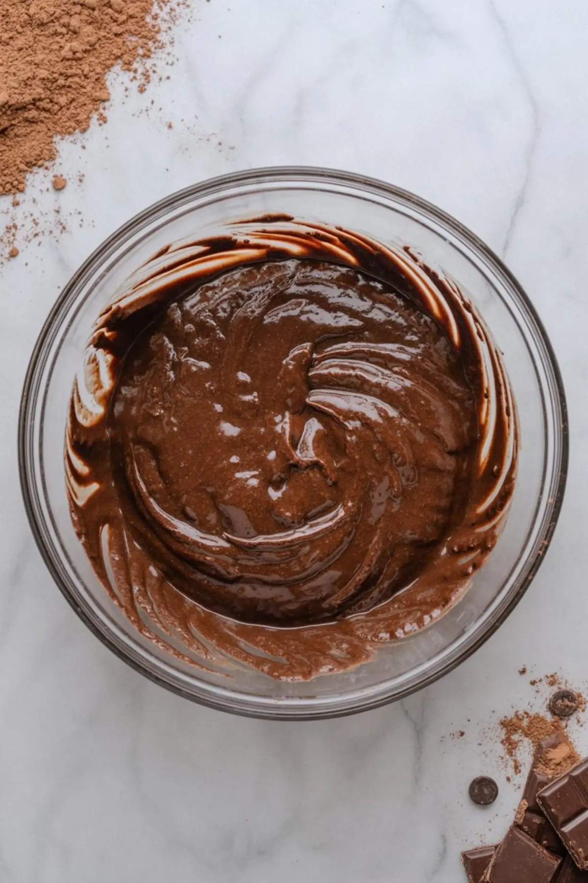 A glass bowl filled with rich chocolate brownie batter is placed on a white marble countertop, with cocoa powder and chocolate pieces nearby.
