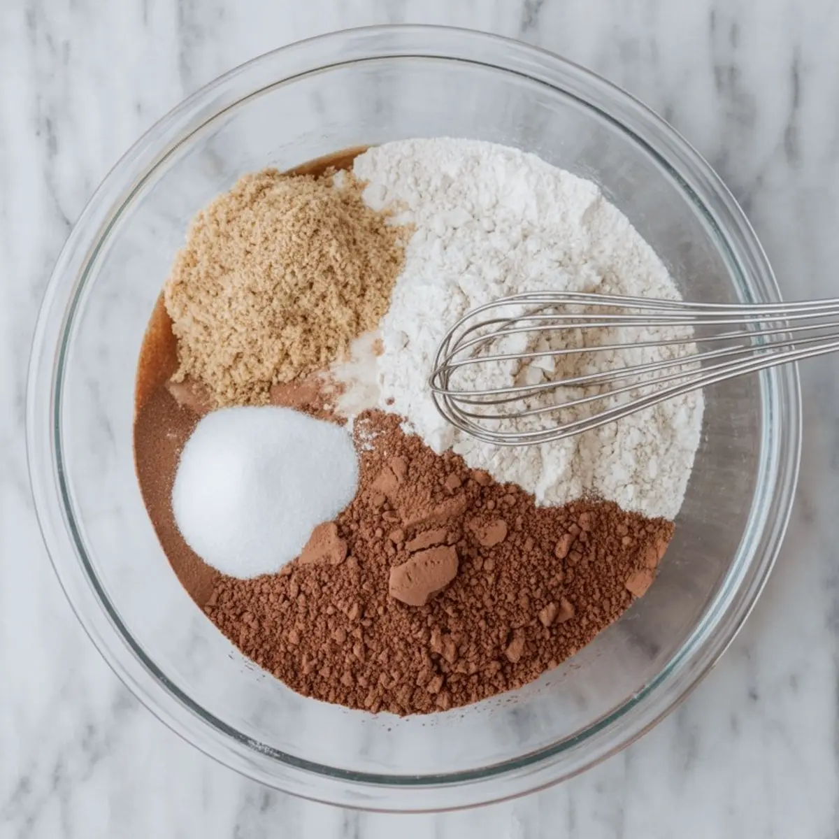 A clear mixing bowl holds unblended dry ingredients including flour, brown sugar, cocoa powder, white sugar, and a whisk on top.
