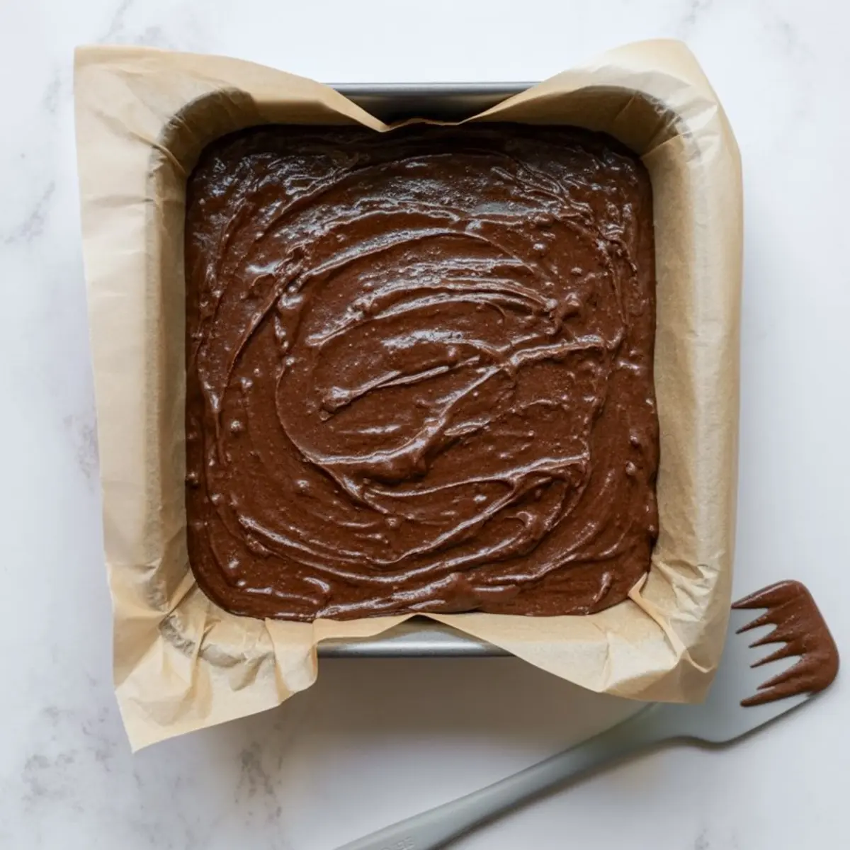 A square baking pan lined with parchment paper is filled with swirled brownie batter ready for baking, with a spatula placed beside it.
