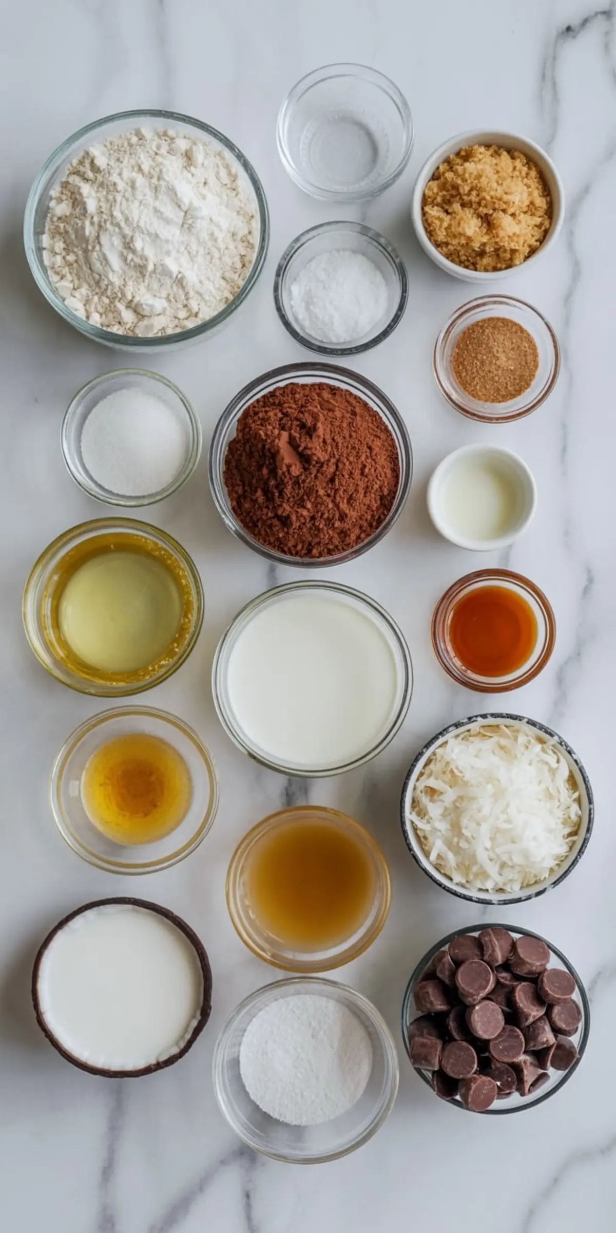 A flat lay of individual ingredients in small glass bowls includes flour, cocoa powder, shredded coconut, sugar, baking powder, milk, vanilla, and chocolate chips on a marble surface.
