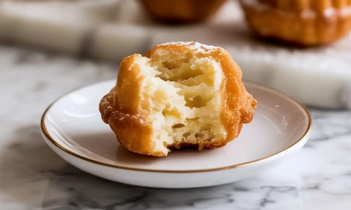 Golden brown zeppola with a crisp fried shell and a soft, custard-like center, served on a small plate over a marble countertop.
