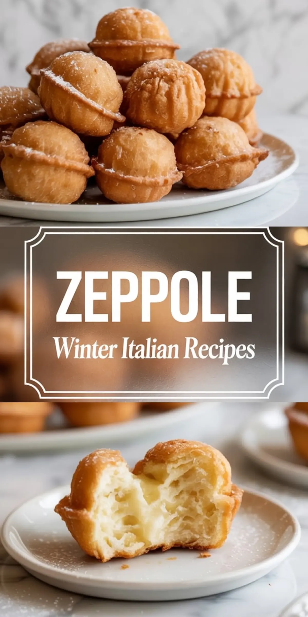 Stacked Italian zeppole dusted with powdered sugar on a plate, followed by a close-up of a torn-open zeppola revealing a soft, airy interior, with a text overlay reading “Zeppole – Winter Italian Recipes” in a vintage frame style.

