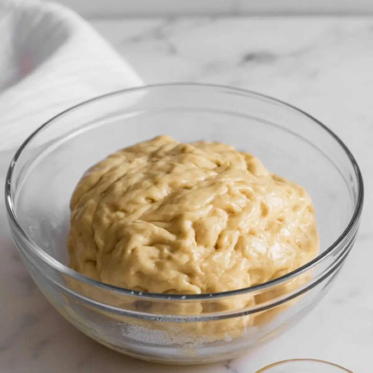 A glass mixing bowl filled with risen zeppole dough on a white marble countertop, ready for shaping and frying.
