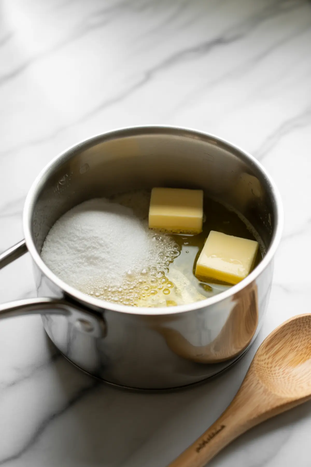 Melted butter and granulated sugar mixture heating in a saucepan, with visible bubbling around the edges, beside a wooden spoon on a white marble surface.
