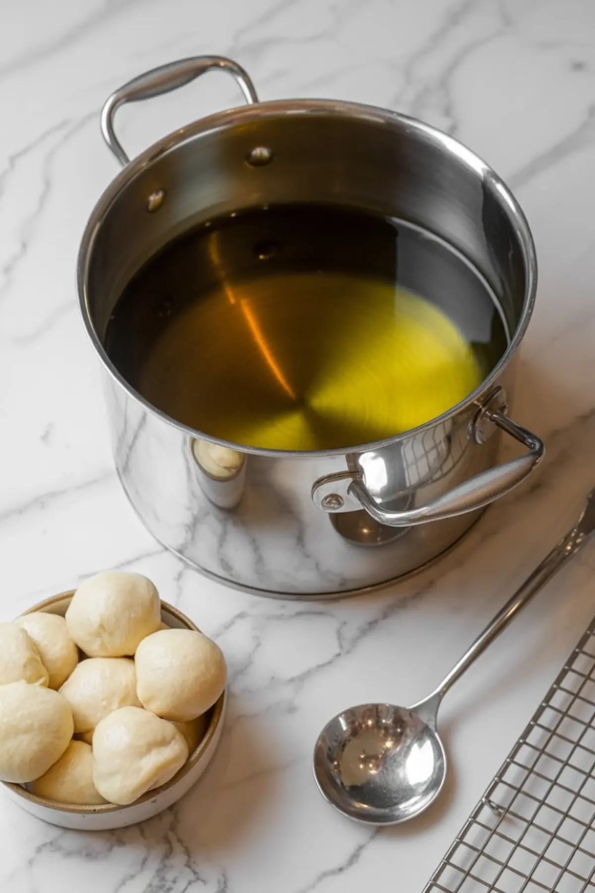 Stainless steel pot filled with hot oil set for deep frying, next to a bowl of round zeppole dough balls and a metal ladle on a marble counter with a cooling rack nearby.
