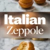 A row of round Italian zeppole dusted with powdered sugar on a marble surface, followed by a close-up of a bitten zeppola showing a fluffy, moist inside, paired with a text overlay reading “Italian Zeppole.”